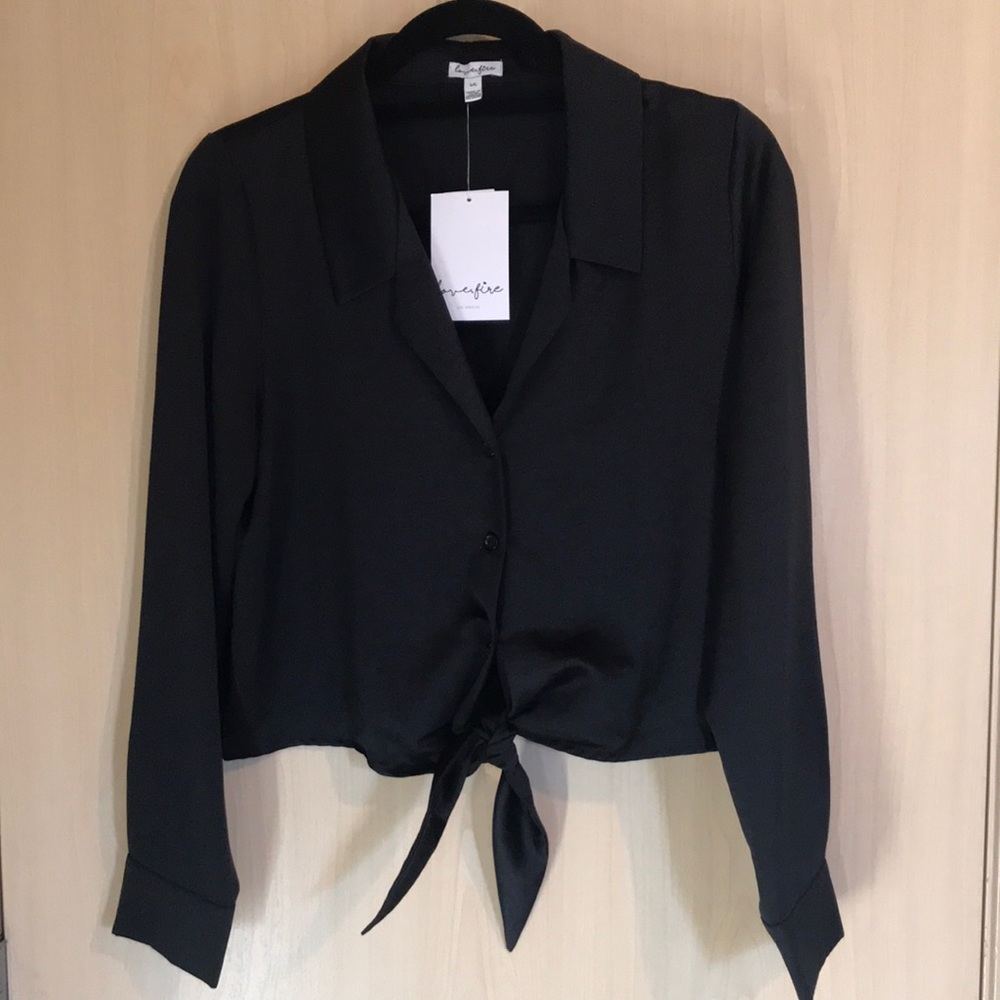 Love Fire Black Silky Cropped Button Down Long Sleeve Front Tie